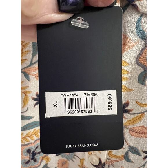 Lucky Brand Blue Orange Pink Floral Popover Peasant Top Ruffle Collar Sz Xl NWT - Picture 3 of 7